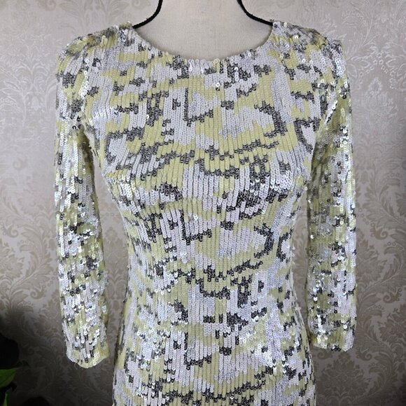 French Connection Size 4 Sequined Cocktail Dress White Cream Silver ¾ Sleeves - Picture 2 of 13